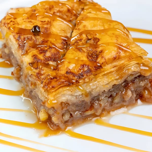 Close-up of baklava drizzled with honey, showcasing its flaky layers and nutty filling.